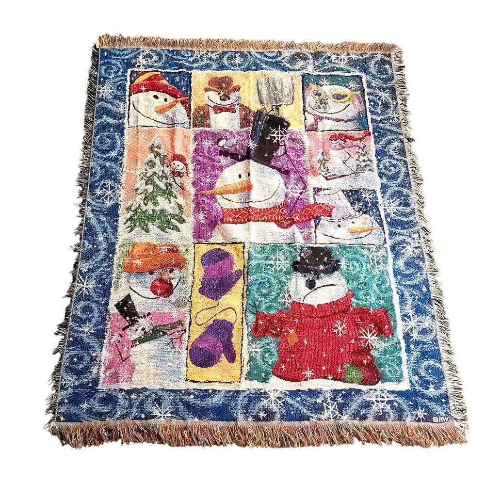 Vintage Mohawk Home Snowman Holiday Throw Blanket Tapestry Made in USA 60X50 in